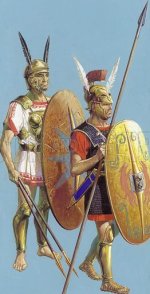 A Samnite warrior (left) is depicted alongside a Roman soldier of the same era..jpg
