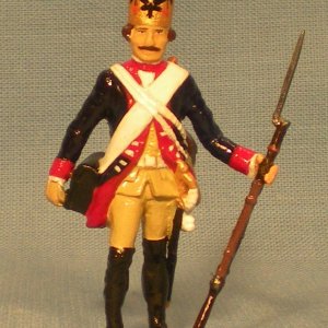 A grenadier of the regiment of Finck (IR Nr 12).  The grenadier caps of this regiment were noted for the black enameled eagle painted on the cap front