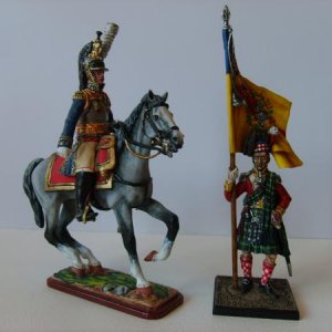 Russian figures, French cuirassier and Highlander, flagbearer