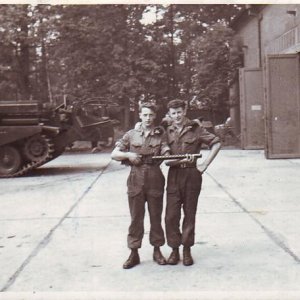 Taken on the Tank park Munster 1960  my mate Arnie Drakeford holding the Browning and myself on the right.