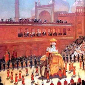 State entry into Delhi, rounding the corner of Jami Masjid, Lord and Lady Curzon, December 1902, oil painting by an unknown artist