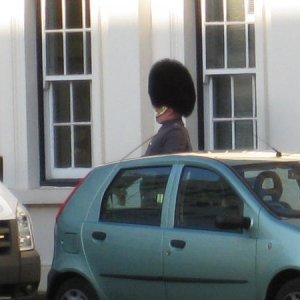 The lone bugler--seemed kind of odd to have him penned in behind parked cars