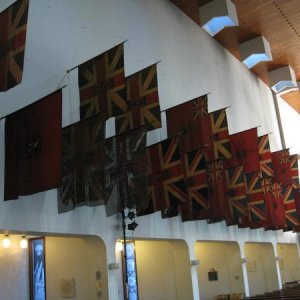 Battle flags from various regiments span hundreds of years