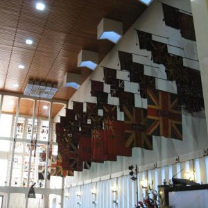 Battle flags from various regiments span hundreds of years