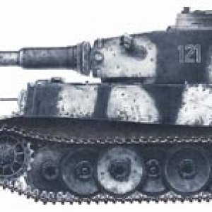 Tiger tank #121 that was captured by Red Army units in January 1943. The vehicle has winter camouflage with wide white lines over base gray color RAL 