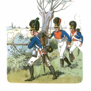 Knoetel, Uniformenkunde, Bd. 06, Abbildung 41.

Bayern: Schütze vom Regiment Preysing. Grenadier-Offizier und Füsilier vom Regiment Kronprinz 1809.