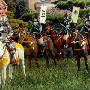 MR #224 Mounted Guards
This set is comprised of two of the Tokugawa clan mounted guards, who were bodyguards for the Shogun, and one messenger, also c