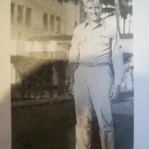 My father,,Tech Sarnt Hudson in Miami Beach after surviving 48 Missions and leg flak hit, in ETO,on his way to truax AFB Wis.to retrain on A26s then t