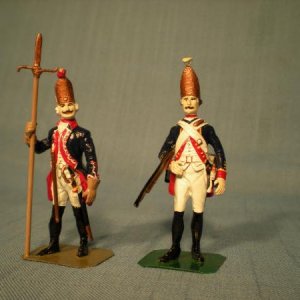 Grenadiers, Prussia and Hessen Cassel.  The casting on the left is by Stadden, painted as a grenadier sergeant of Infanterie-Regt. 27 (Kleist), with t