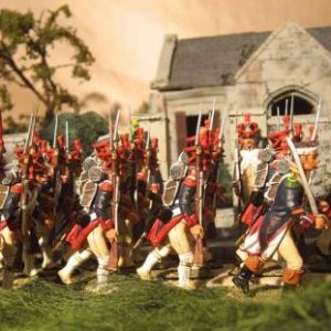 French line infantry enter camp at sundown,