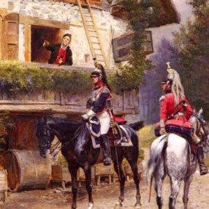 officers from a cuirassier regiment in front of a country house large