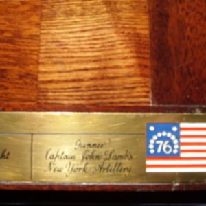 Chas Stadden American Revolutionary War Chess set. Showing the brass inlaid plate with the chess piece names and enameld flag for the USA side