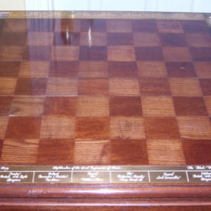 Chas Stadden American Revolutionary War Chess set. showing the special made Chess playing area for the set with 2 1/2" squares.