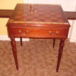 Chas Stadden American Revolutionary War Chess set. Showing the whole specially made Mahogany table for the set. The table has a drawer either side for