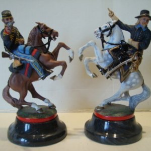 Chas Stadden ACW Chess pieces Knights. On the right is Brigadier General George A. Custer. On the left is Officer 3rd New Jersey Regiment Volunteer Ca