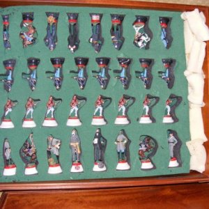 Chas Stadden ACW Chess set in its case showing how they were packed in 1985.