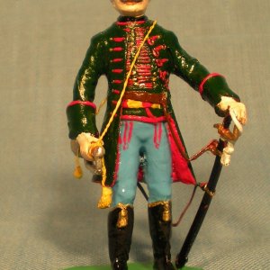 Trumpeter ("Hornist") of Baranyay's hussars.  This is a Stadden figure, and it illustrates the fashion in the Austrian army, under which the trumpeter