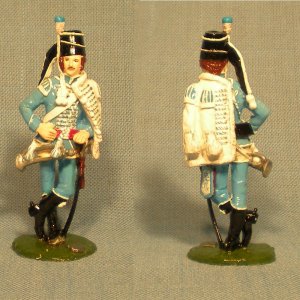 A Trompeter from Natzmer's Hussar Regiment, also known as the White Hussars, from the color of their Pelze.  This casually-posed figure is yet another