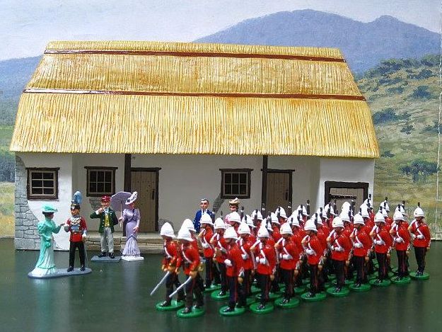 24th Foot passes Rorke's Drift on its way to a Memorial Service.  Officers Chard and Bromhead commanding.