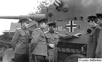 A captured Tiger on Soviet trials. "Armour 82 mm" is written on the side of the tank.