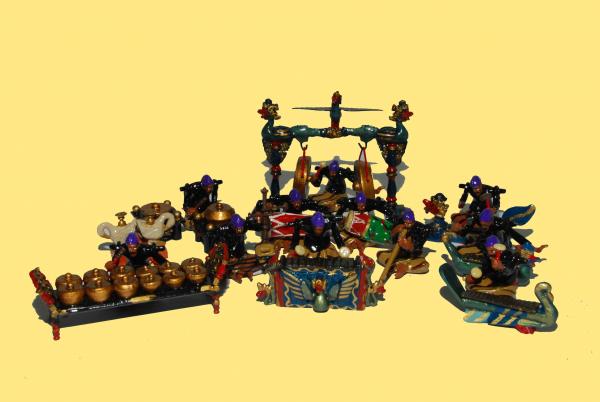 A gamelan orchestra set featuring Javanese kraton musicians playing instruments based on the Raffles gamelan set now housed in the British Museum.