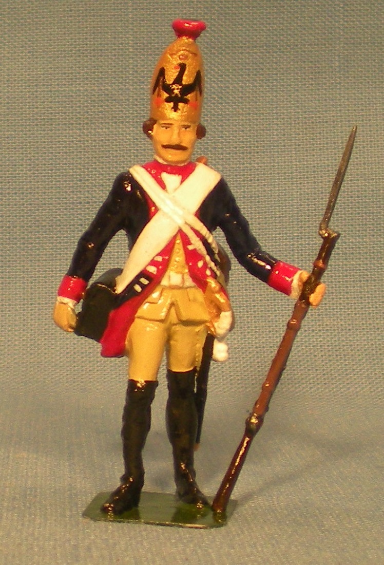 A grenadier of the regiment of Finck (IR Nr 12).  The grenadier caps of this regiment were noted for the black enameled eagle painted on the cap front