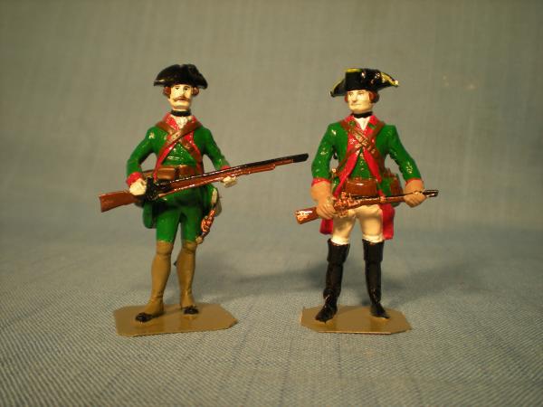 A Hessian (l) and a Prussian Jäger (r), castings by Lasset and Stadden, respectively.  This illustrates how the uniforms were so similar from one army