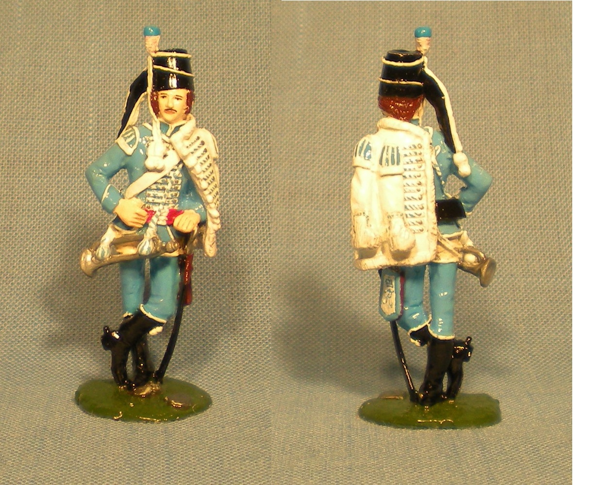 A Trompeter from Natzmer's Hussar Regiment, also known as the White Hussars, from the color of their Pelze.  This casually-posed figure is yet another