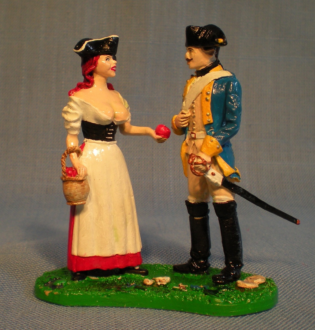 "Adam and Eve"  Eva Nuschke, a Marketenderin or sutleress in the train with the Prussian army, offers her wares to Adam Zeschwitz, a dragoon in von Pl