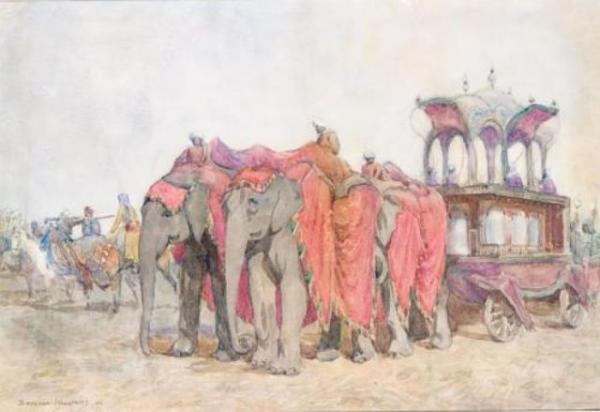 Artist   Henry Inglis Jodriel Sheldon-Williams 
Title   Rath (Elephant state carriage) of the Maharaja of Alwar  
Medium   watercolor over pencil  
Si