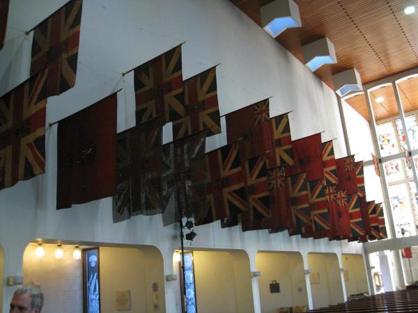 Battle flags from various regiments span hundreds of years