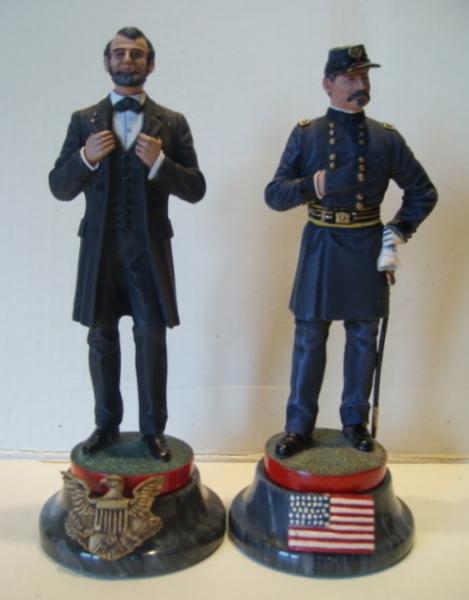 Chas Stadden ACW Chess pieces. King piece on the left is Abraham Lincoln. Queen piece on the right is Major General George B. McLellan.