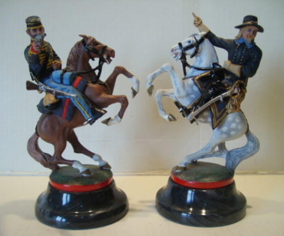 Chas Stadden ACW Chess pieces Knights. On the right is Brigadier General George A. Custer. On the left is Officer 3rd New Jersey Regiment Volunteer Ca