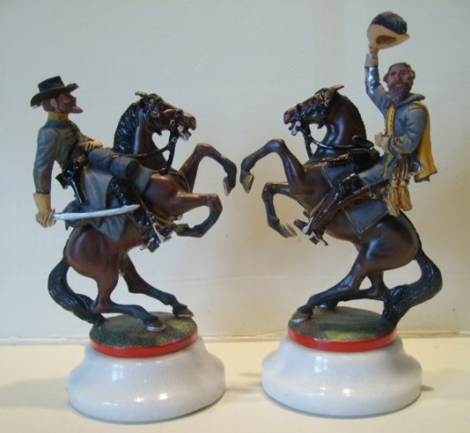 Chas Stadden ACW Chess pieces Knights. On the right is Major General James E. B. Stuart. On the left is Officer 1st Virginia Cavalry Regiment (The Bla