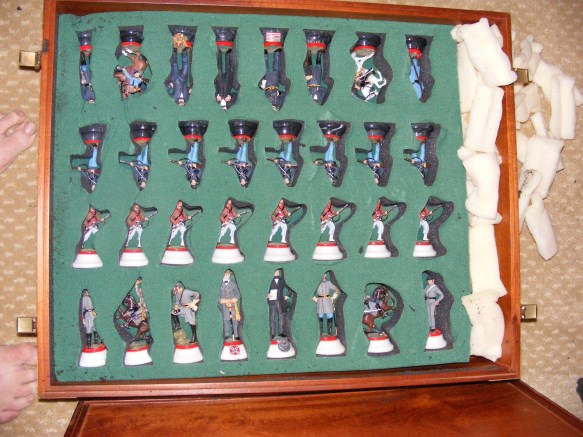 Chas Stadden ACW Chess set in its case showing how they were packed in 1985.