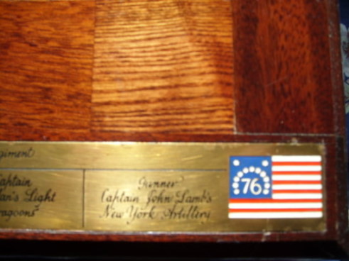 Chas Stadden American Revolutionary War Chess set. Showing the brass inlaid plate with the chess piece names and enameld flag for the USA side