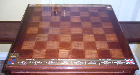 Chas Stadden American Revolutionary War Chess set. showing the special made Chess playing area for the set with 2 1/2" squares.