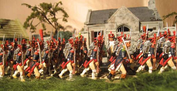 French line infantry enter camp at sundown,