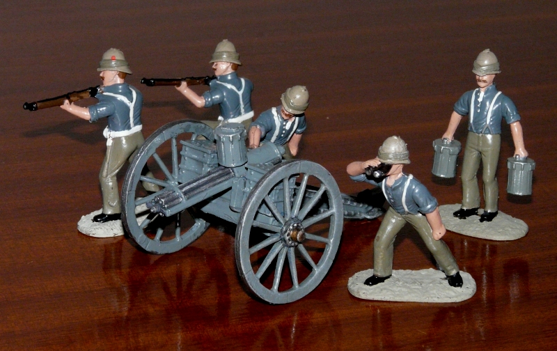 GATLING GUN

Comes with a lot of accessory barrels but painted in c1900 uniform of British Army overseas.
The two riflemen are actually accurate for t