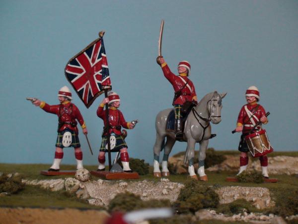 Gordon Highlanders

HLS-1 Command Set - Mounted Officer, Sergeant Major Firing Pistol, Drummer and Officer Holding Queens Colour with Drawn Pistol