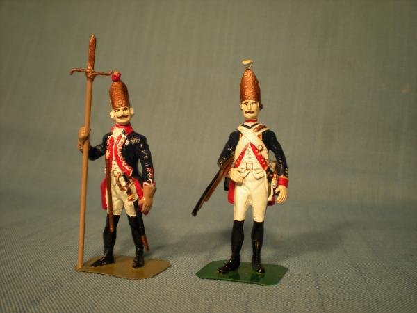 Grenadiers, Prussia and Hessen Cassel.  The casting on the left is by Stadden, painted as a grenadier sergeant of Infanterie-Regt. 27 (Kleist), with t