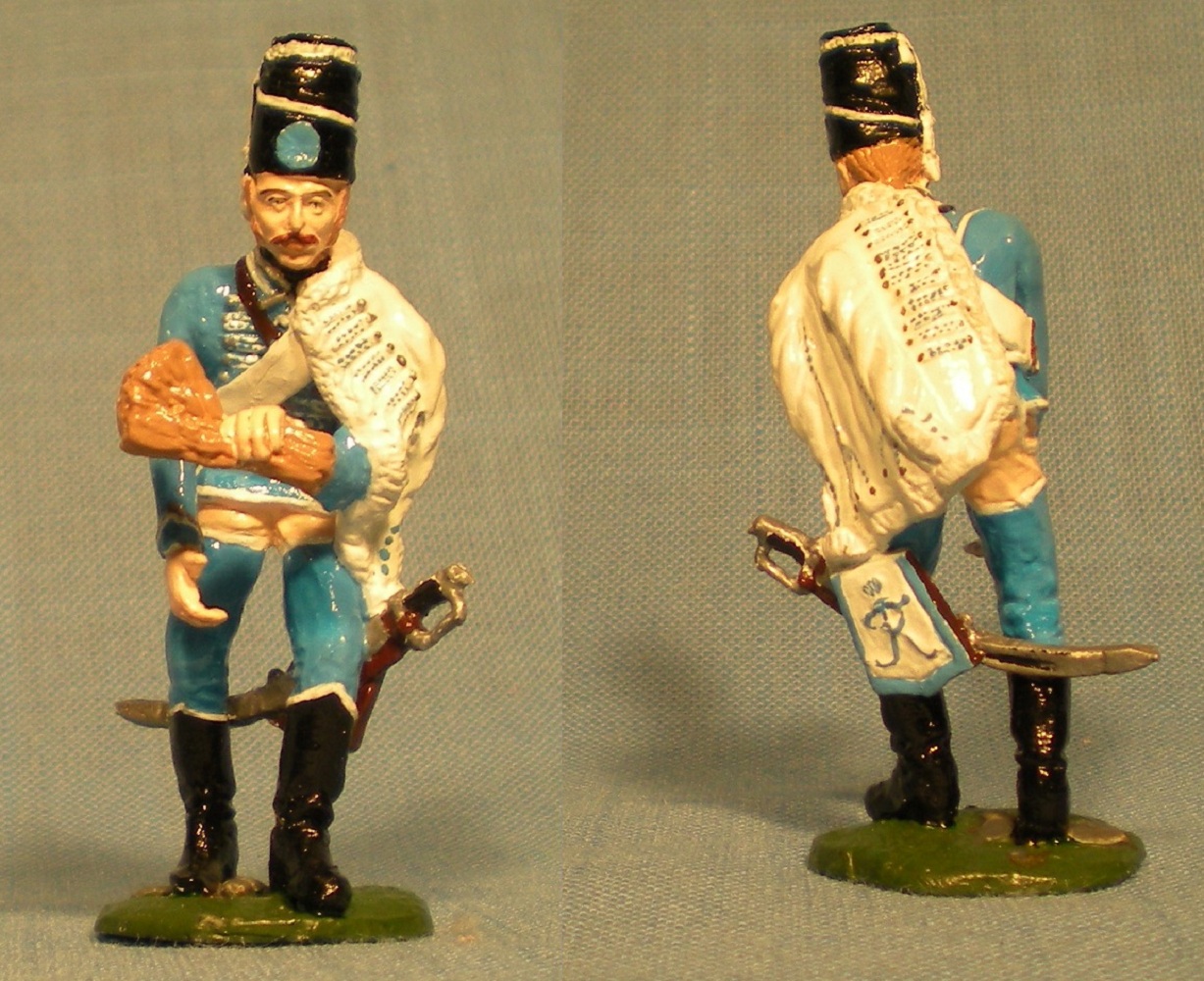 Here is another trooper of Natzmer's regiment, a Wachtmeister or sergeant, identified by the rosette on the front of his Flügelmütze (winged cap).  Th