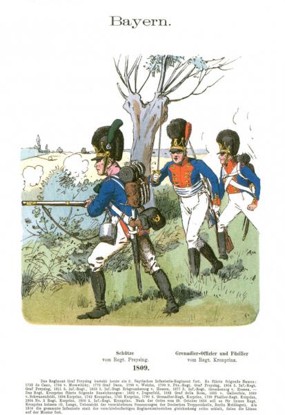 Knoetel, Uniformenkunde, Bd. 06, Abbildung 41.

Bayern: Schütze vom Regiment Preysing. Grenadier-Offizier und Füsilier vom Regiment Kronprinz 1809.