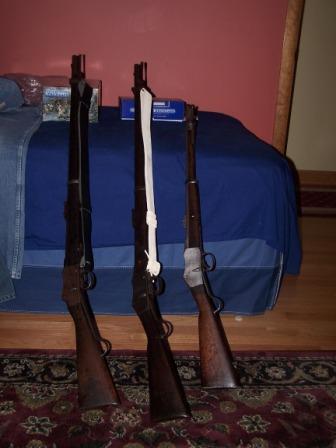 Left to Right

MKIV 1887 Enfield
MKII  1876 BSA
Artillery Carbine 1881 Enfield