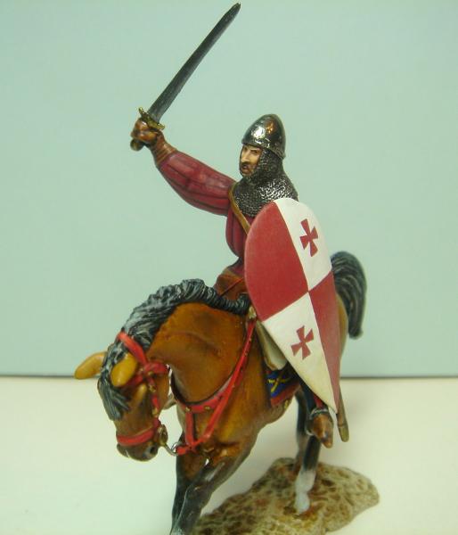 mounted crusader knight/man at arms converted from irregular miniatures hobilar figure with addition of sword/hand and shield.