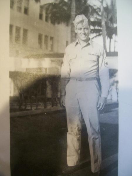 My father,,Tech Sarnt Hudson in Miami Beach after surviving 48 Missions and leg flak hit, in ETO,on his way to truax AFB Wis.to retrain on A26s then t