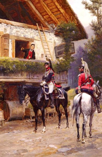 officers from a cuirassier regiment in front of a country house large