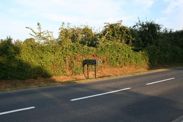 Outside Orglandes Cemetery showing small bocage type hedgerow with ditch at side of the road.