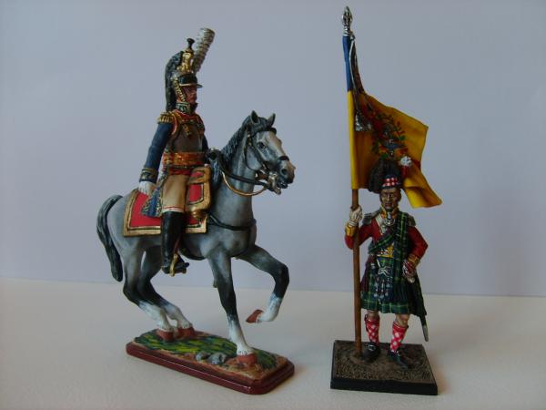 Russian figures, French cuirassier and Highlander, flagbearer