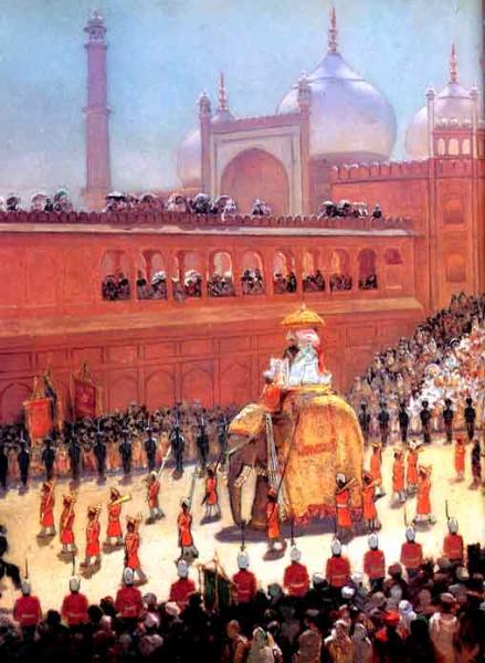 State entry into Delhi, rounding the corner of Jami Masjid, Lord and Lady Curzon, December 1902, oil painting by an unknown artist